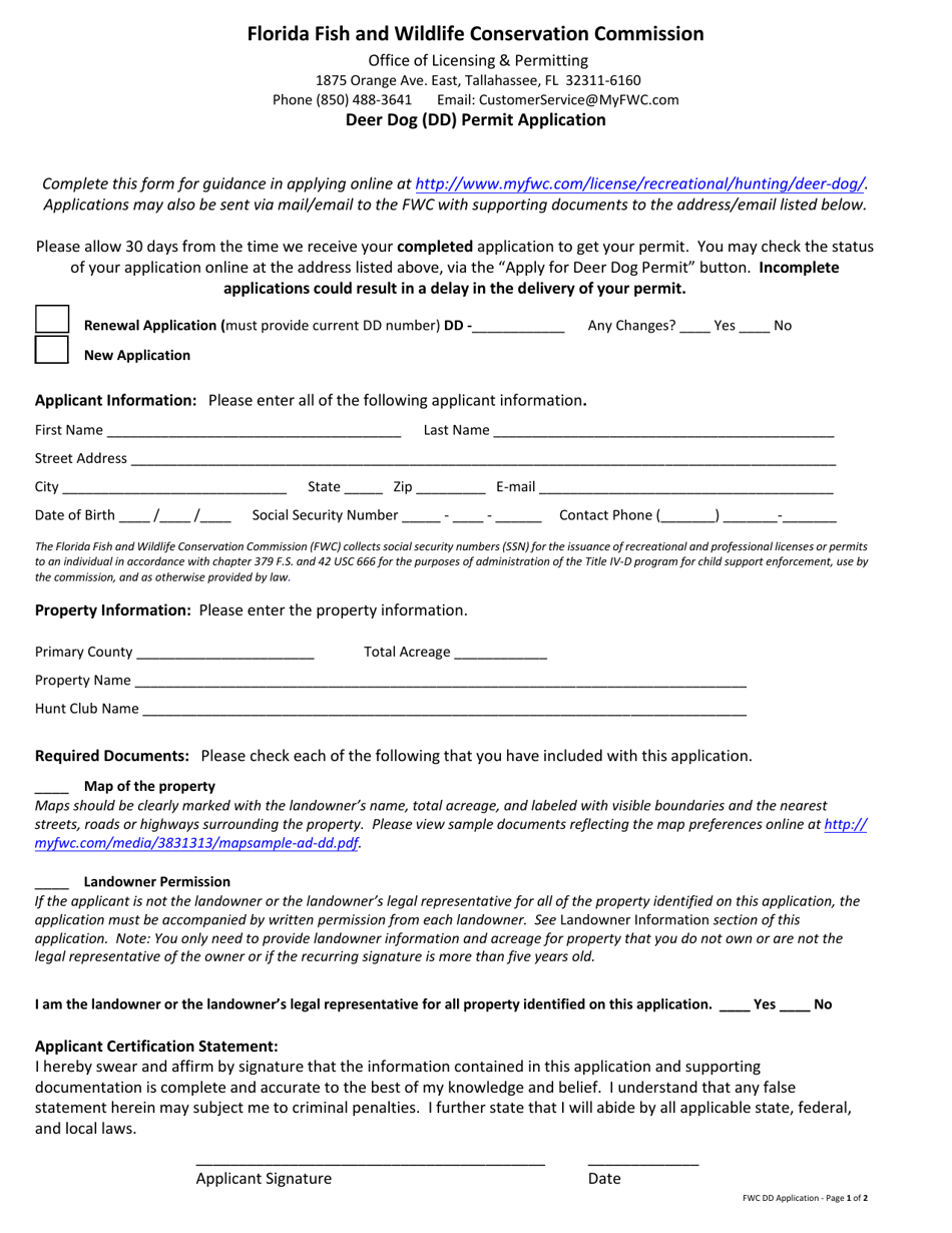 Deer Dog (DD) Permit Application - Florida, Page 1