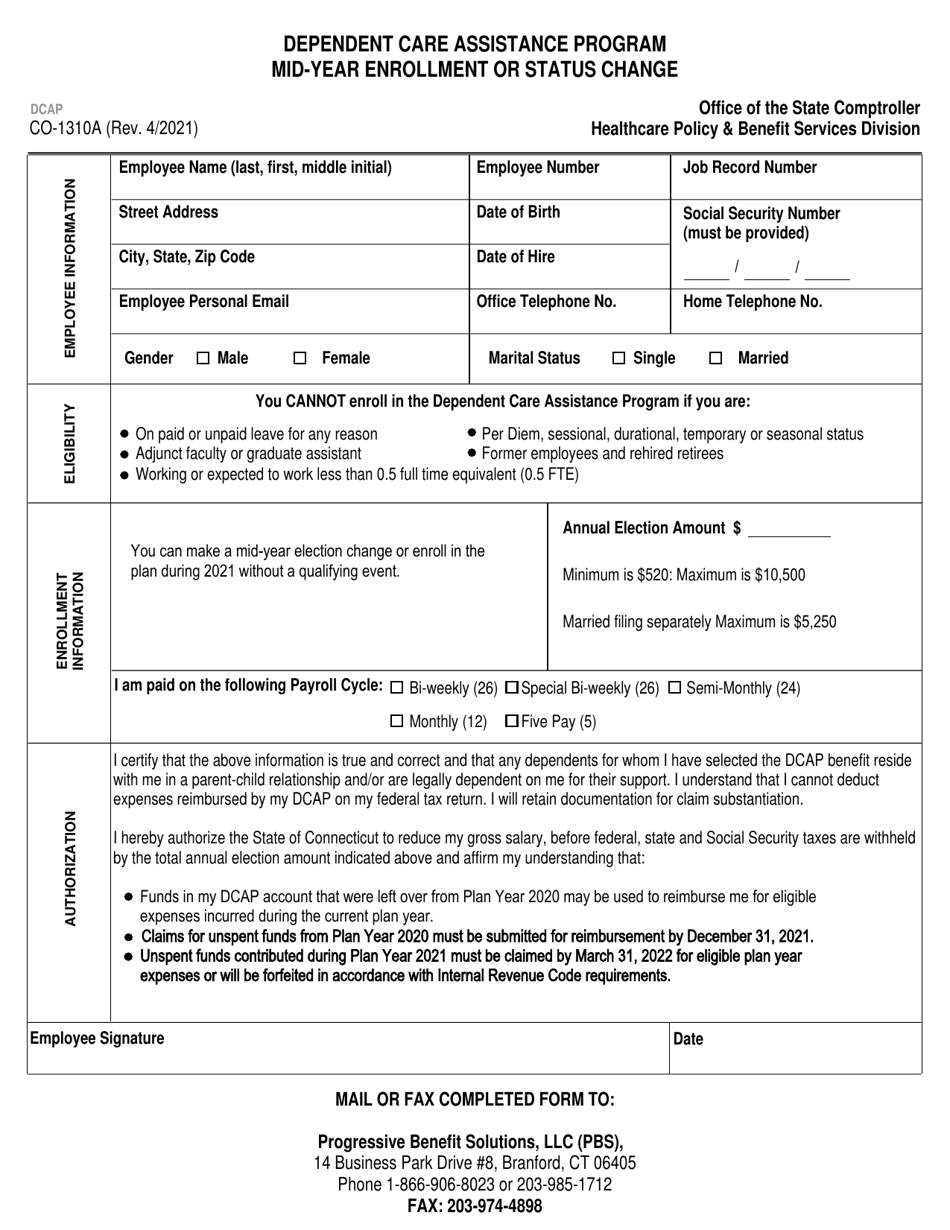 Form CO-1310A Mid-year Enrollment or Status Change - Dependent Care Assistance Program - Connecticut, Page 1
