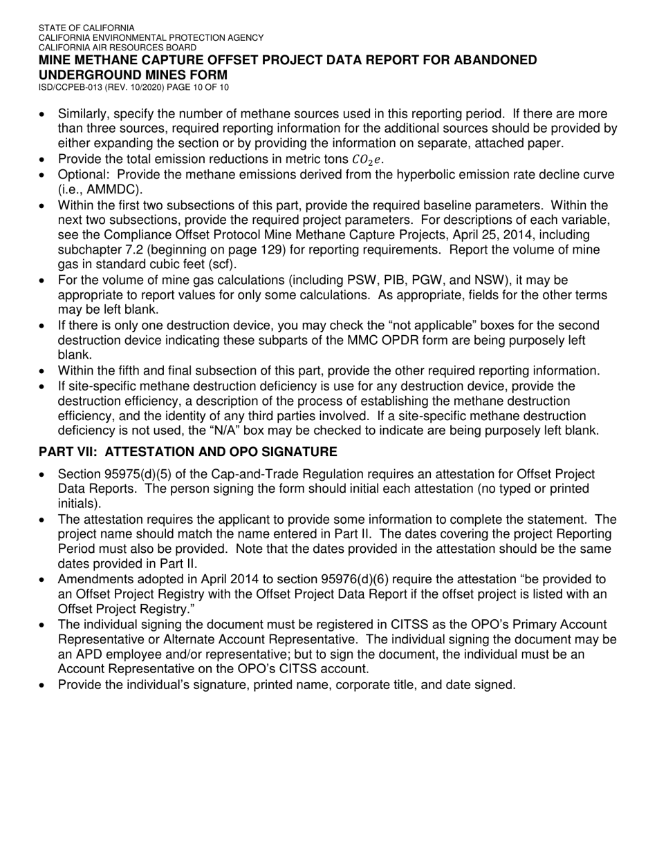 Form ISD / CCPEB-013 Mine Methane Capture Offset Project Data Report for Abandoned Underground Mines Form - California, Page 10