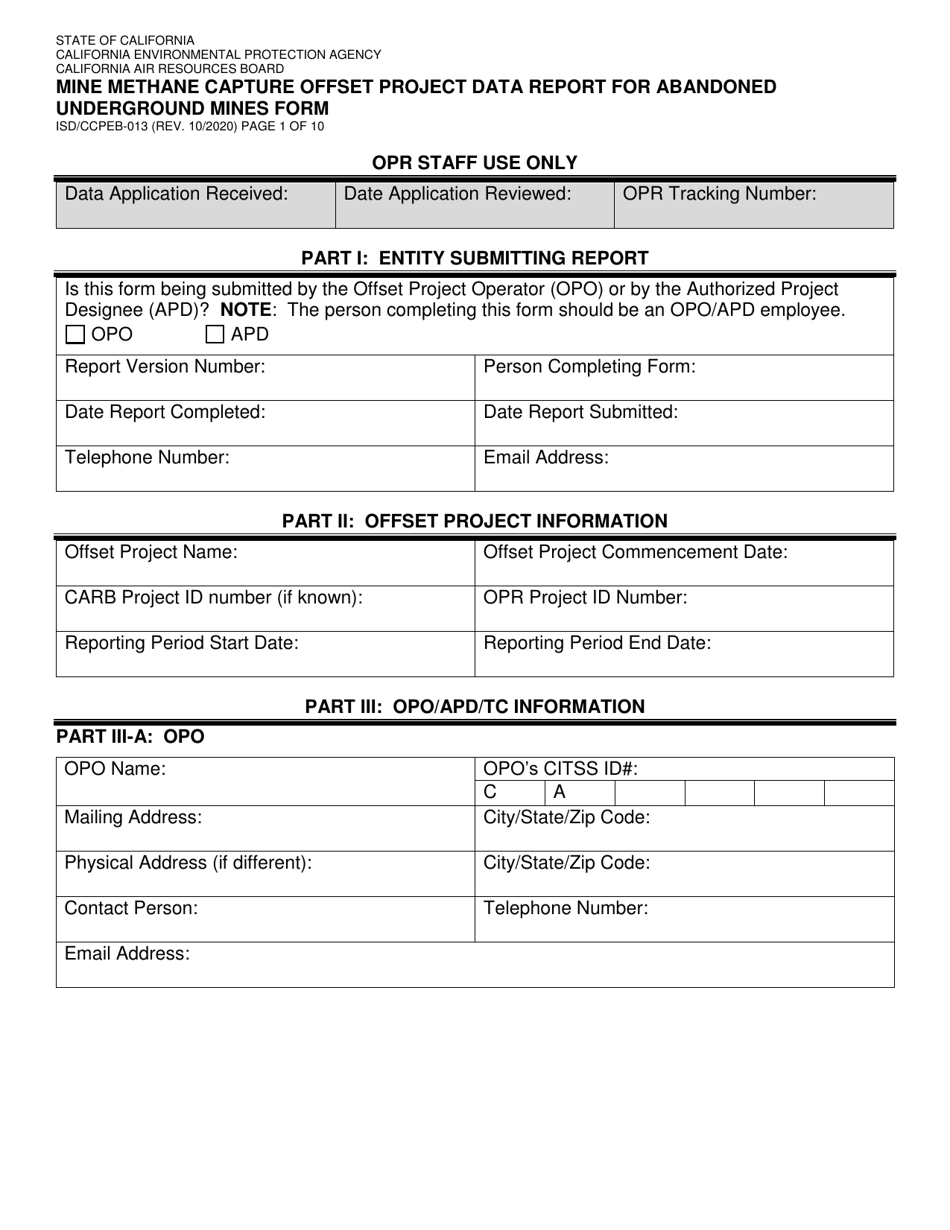 Form ISD / CCPEB-013 Mine Methane Capture Offset Project Data Report for Abandoned Underground Mines Form - California, Page 1