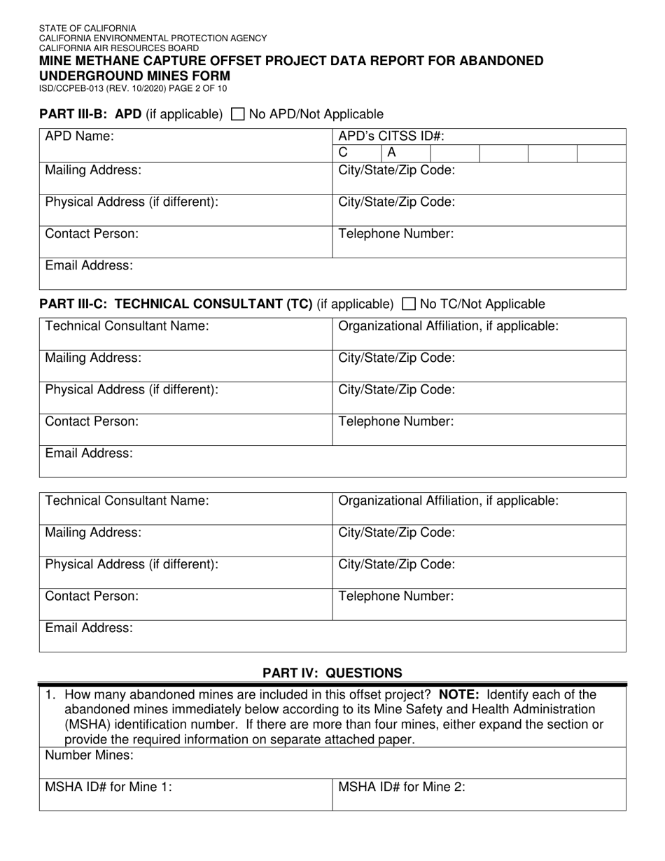 Form ISD / CCPEB-013 Mine Methane Capture Offset Project Data Report for Abandoned Underground Mines Form - California, Page 2