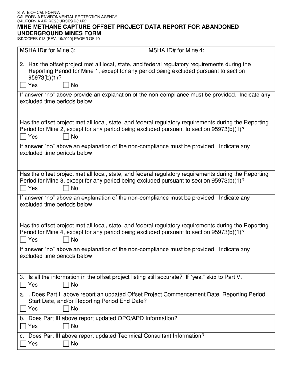 Form ISD / CCPEB-013 Mine Methane Capture Offset Project Data Report for Abandoned Underground Mines Form - California, Page 3