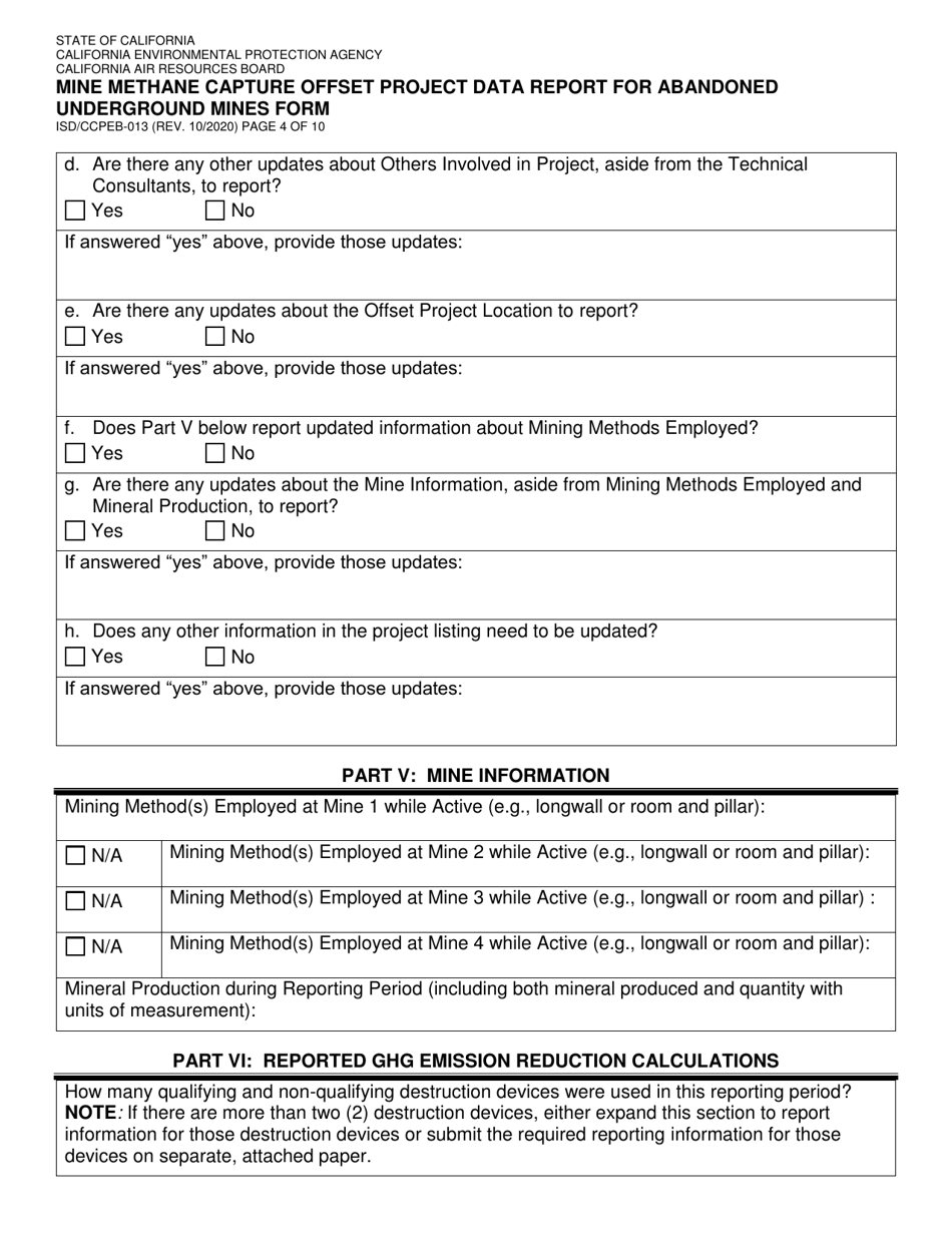 Form ISD / CCPEB-013 Mine Methane Capture Offset Project Data Report for Abandoned Underground Mines Form - California, Page 4