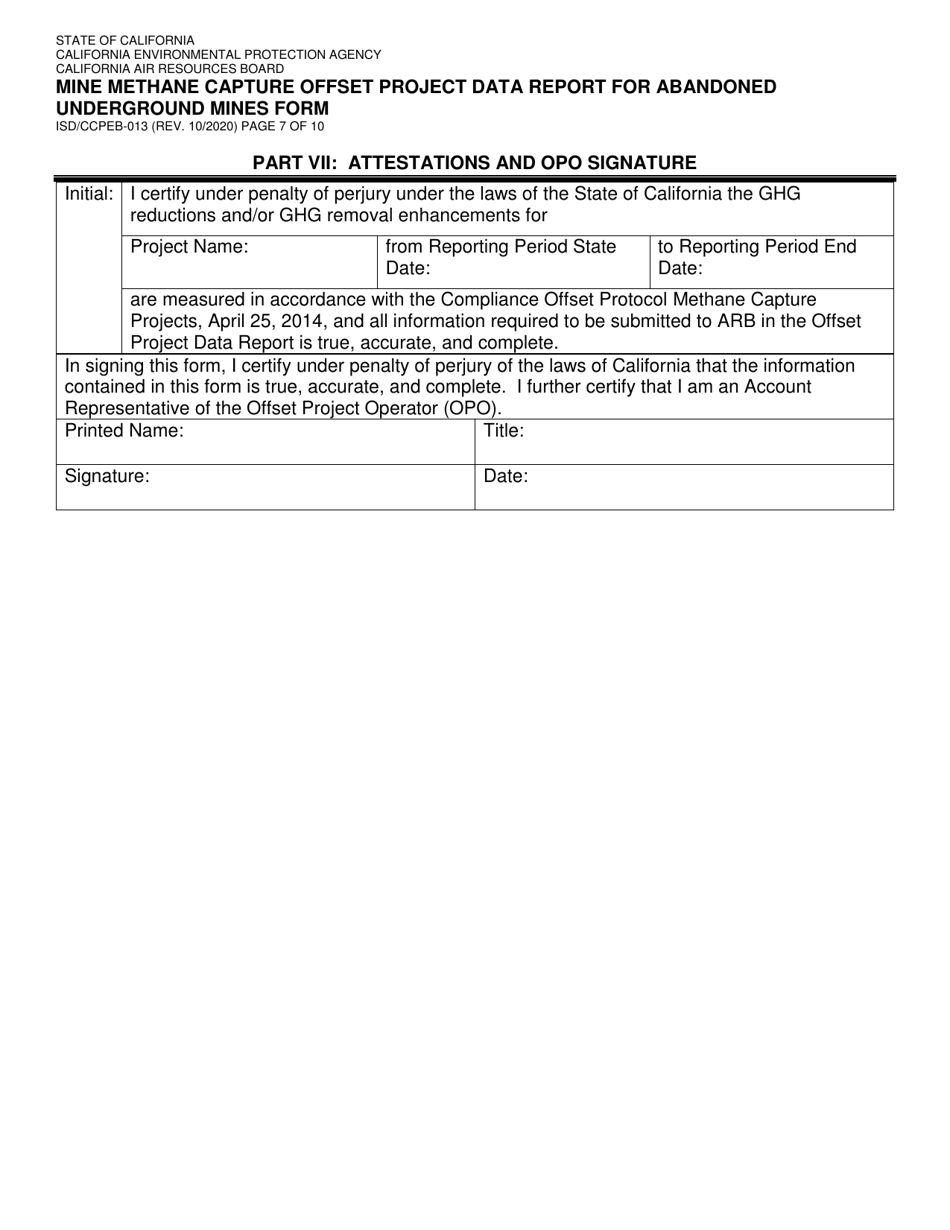 Form ISD / CCPEB-013 Mine Methane Capture Offset Project Data Report for Abandoned Underground Mines Form - California, Page 7