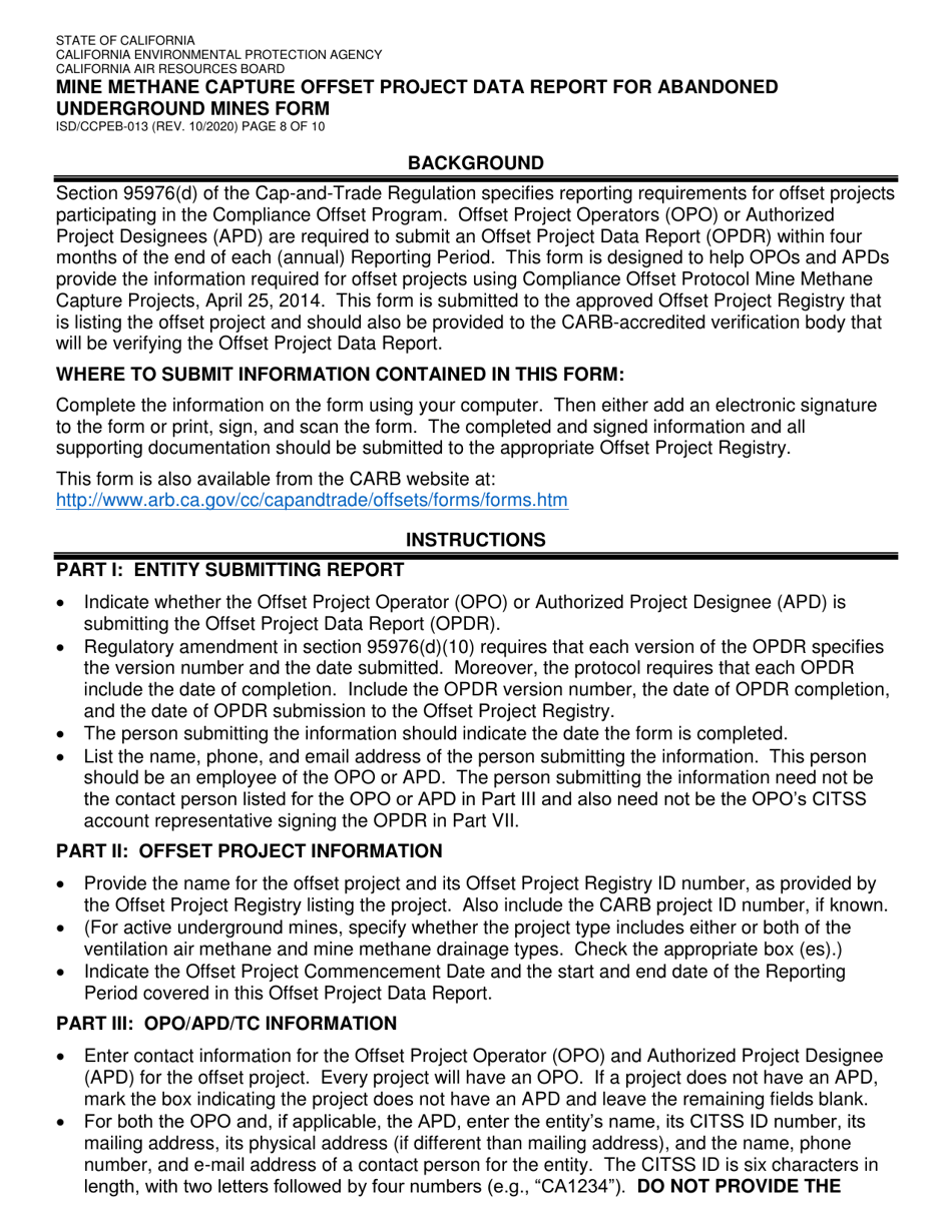 Form ISD / CCPEB-013 Mine Methane Capture Offset Project Data Report for Abandoned Underground Mines Form - California, Page 8