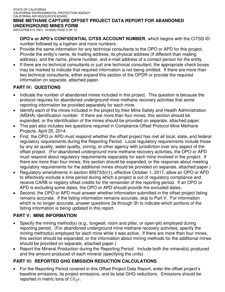 Form ISD / CCPEB-013 Mine Methane Capture Offset Project Data Report for Abandoned Underground Mines Form - California, Page 9