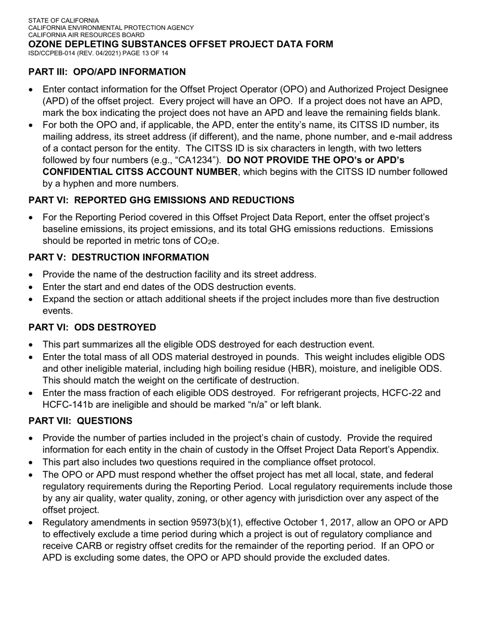 Form ISD / CCPEB-014 Ozone Depleting Substances Offset Project Data Form - California, Page 13