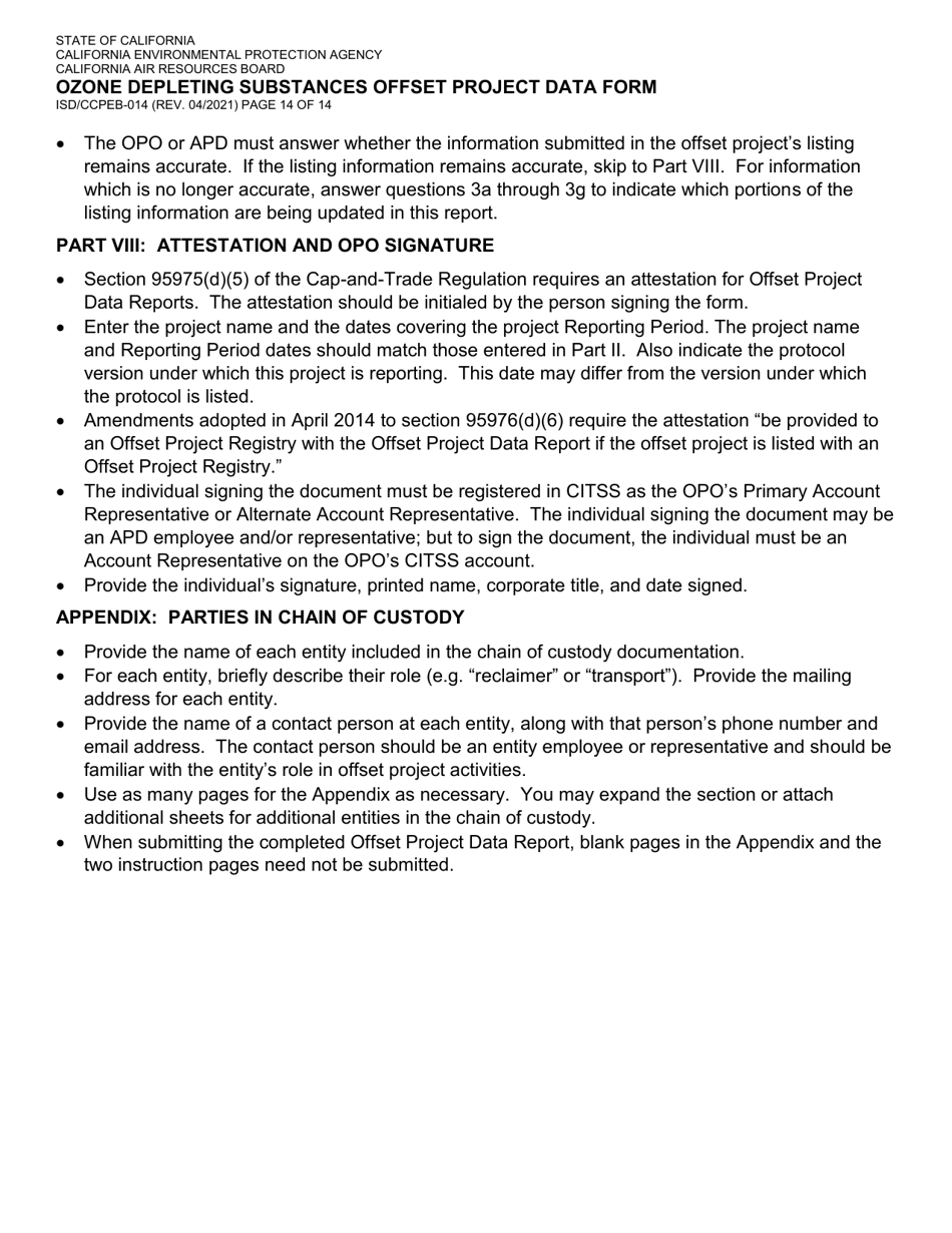Form ISD / CCPEB-014 Ozone Depleting Substances Offset Project Data Form - California, Page 14