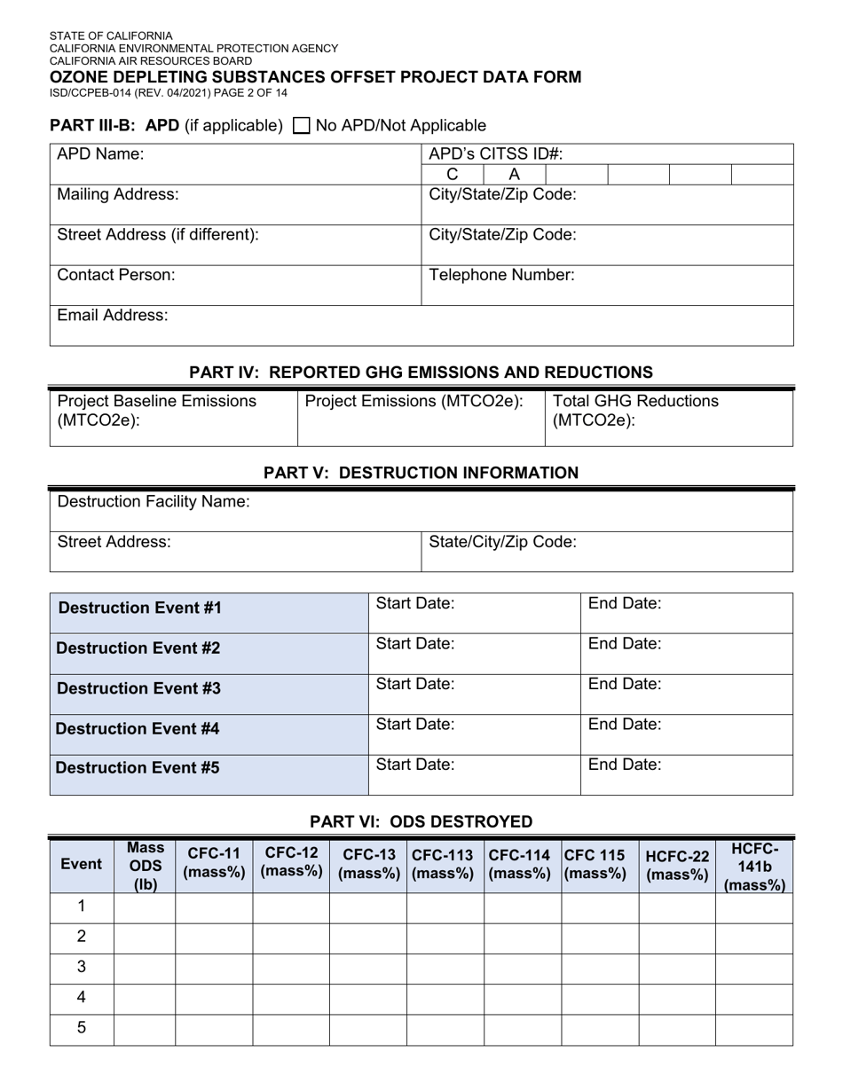 Form ISD / CCPEB-014 Ozone Depleting Substances Offset Project Data Form - California, Page 2