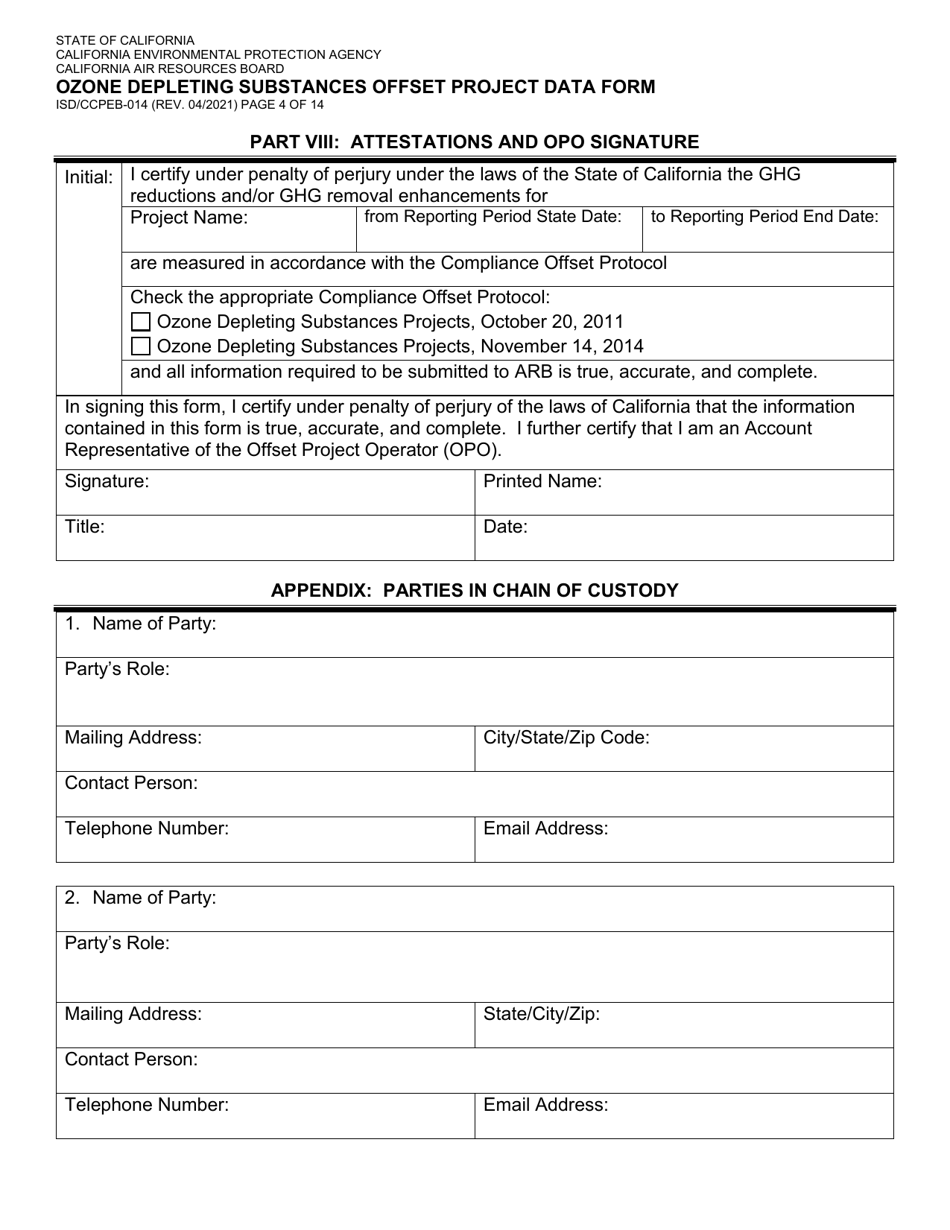 Form ISD / CCPEB-014 Ozone Depleting Substances Offset Project Data Form - California, Page 4