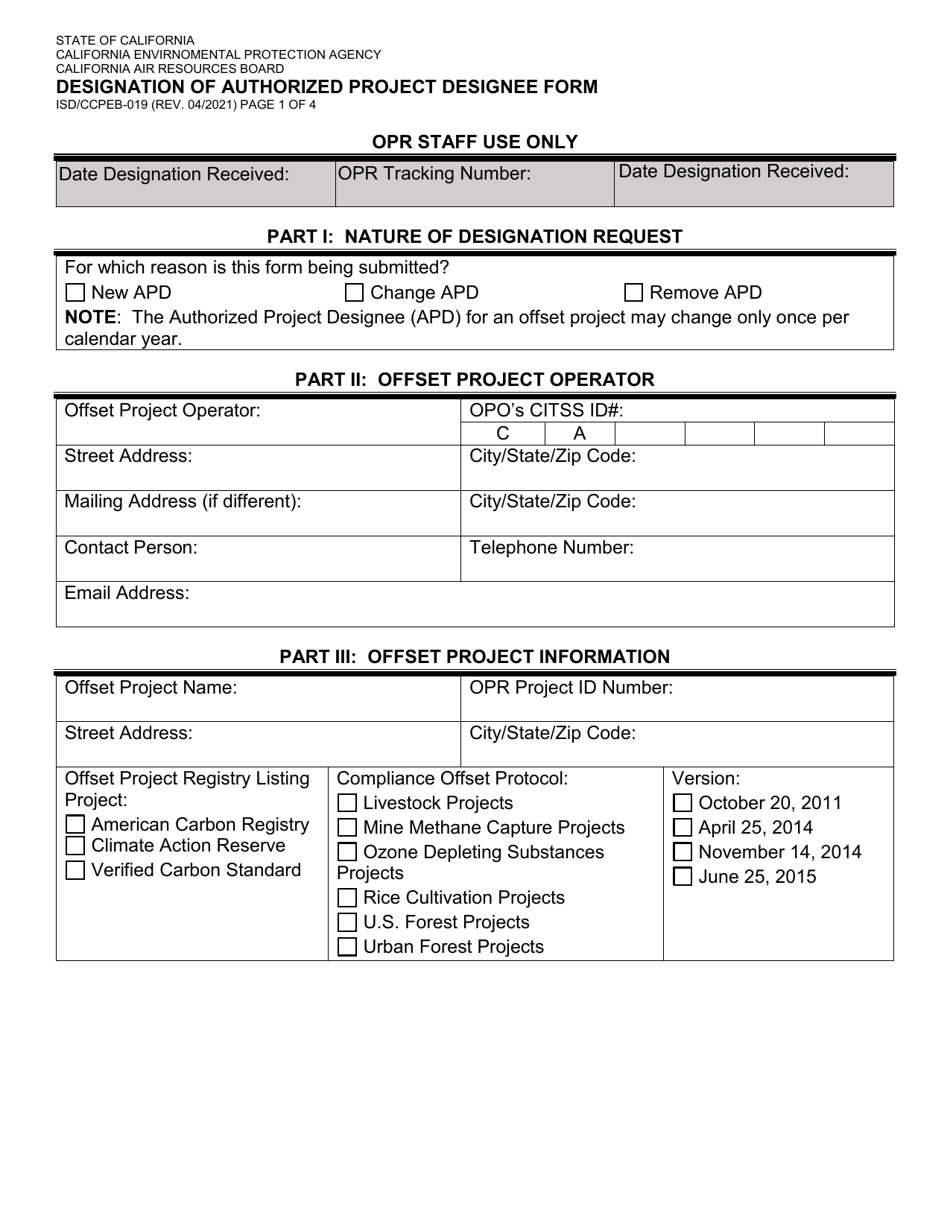 Form ISD / CCPEB-019 Designation of Authorized Project Designee Form - California, Page 1