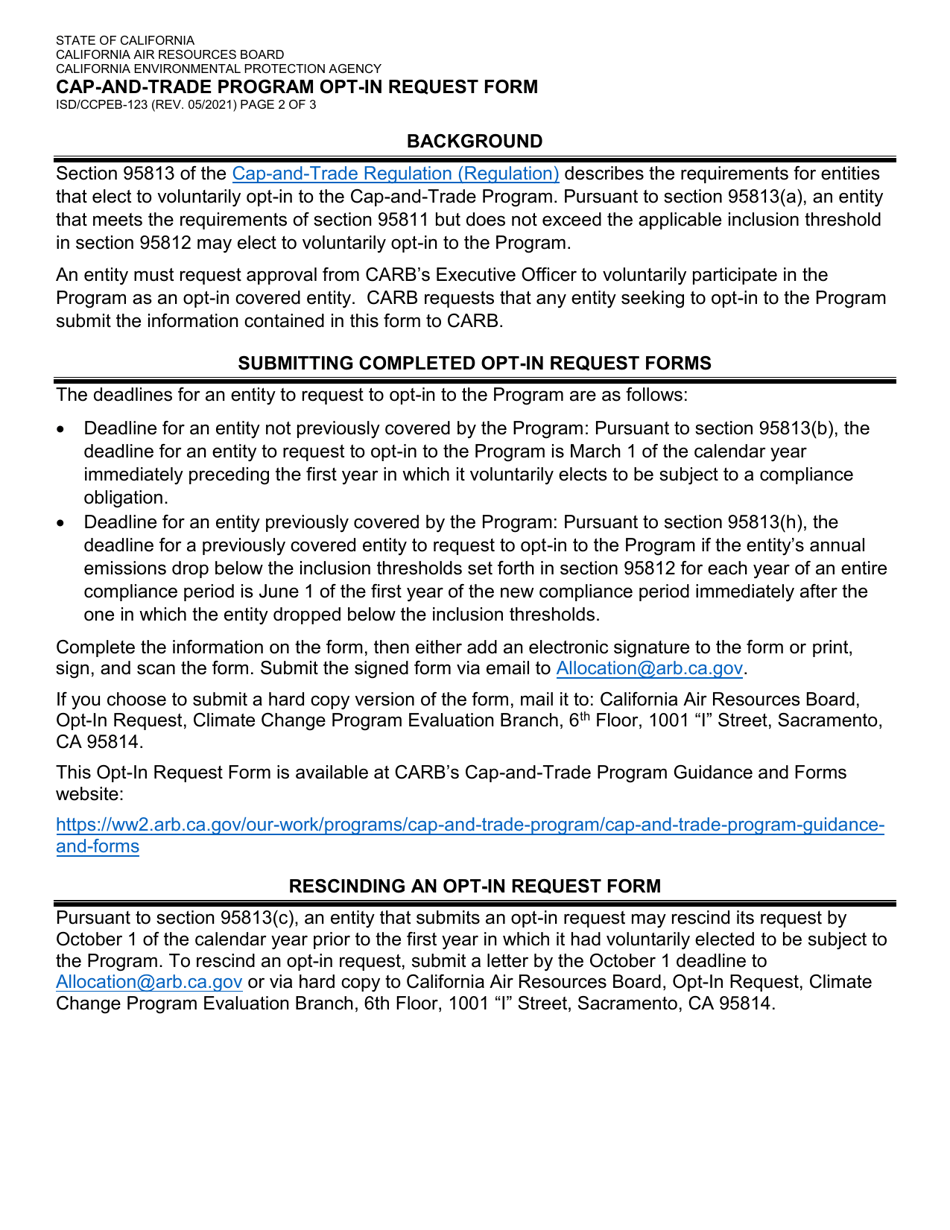 Form ISD / CCPEB-123 CAP-And-Trade Program Opt-In Request Form - California, Page 2