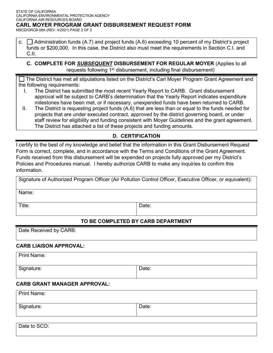 Form MSCD / ORCB-08A Carl Moyer Program Grant Disbursement Request Form - California, Page 2