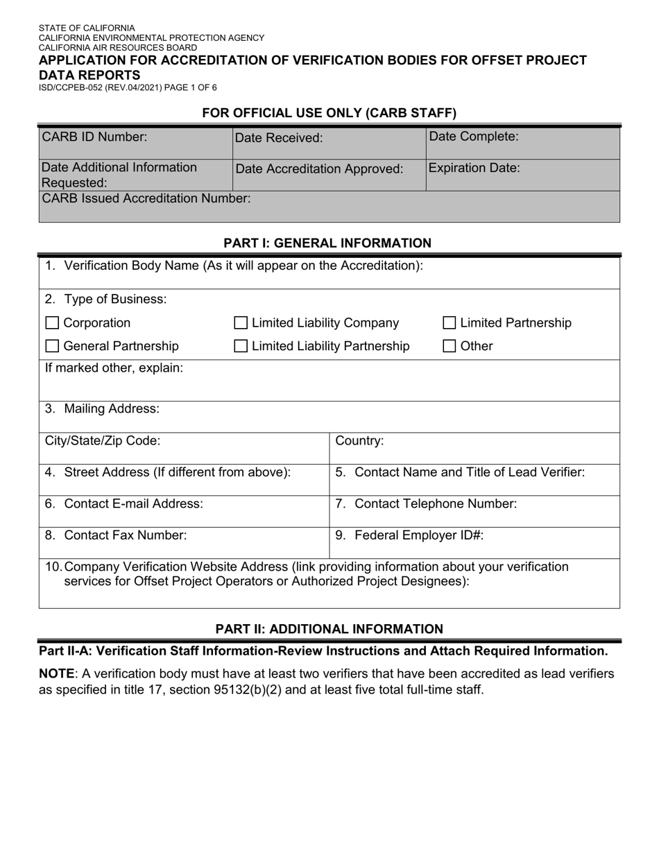 Form ISD / CCPEB-052 Application for Accreditation of Verification Bodies for Offset Project Data Reports - California, Page 1