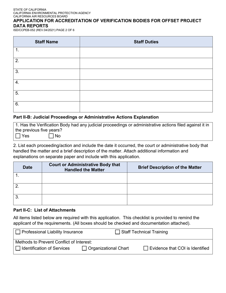 Form ISD / CCPEB-052 Application for Accreditation of Verification Bodies for Offset Project Data Reports - California, Page 2