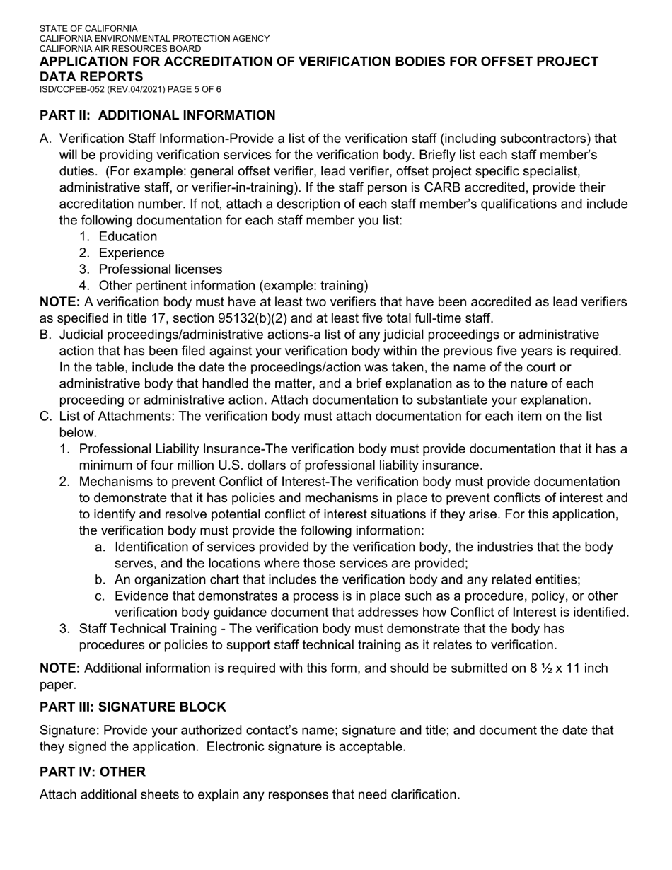 Form ISD / CCPEB-052 Application for Accreditation of Verification Bodies for Offset Project Data Reports - California, Page 5