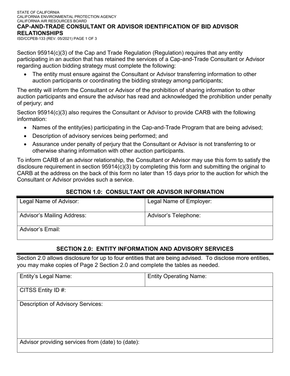 Form ISD / CCPEB-133 CAP-And-Trade Consultant or Advisor Identification of Bid Advisor Relationships - California, Page 1