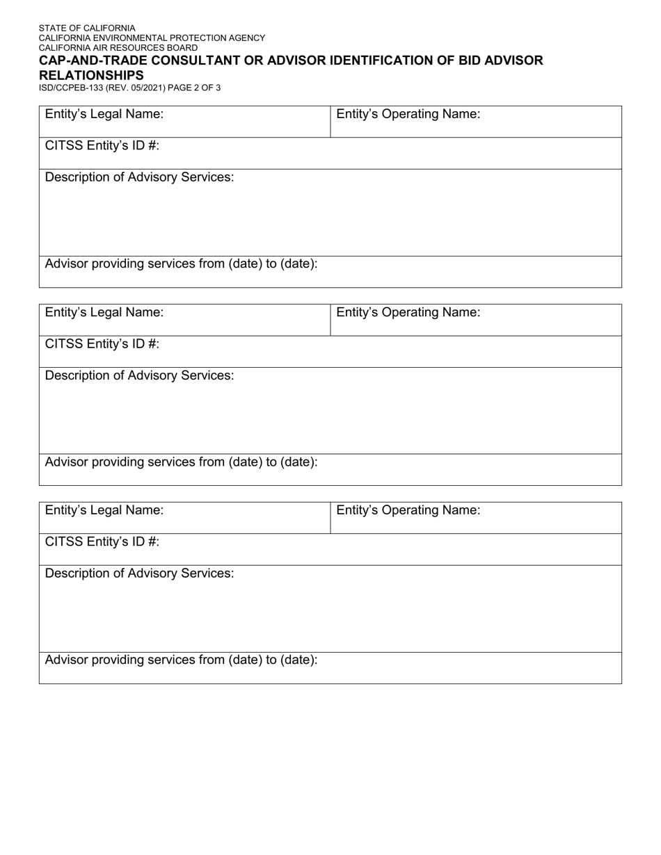 Form ISD / CCPEB-133 CAP-And-Trade Consultant or Advisor Identification of Bid Advisor Relationships - California, Page 2