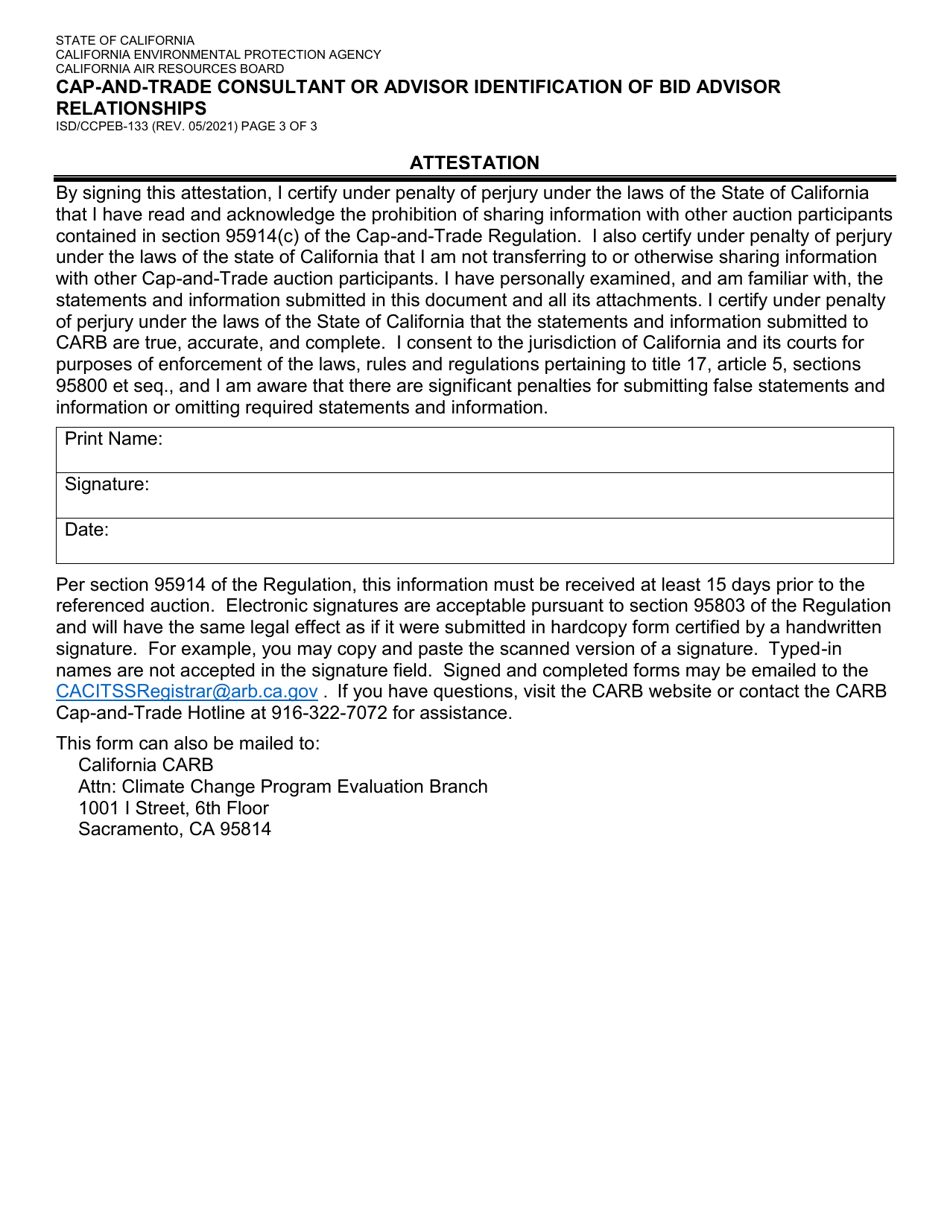 Form ISD / CCPEB-133 CAP-And-Trade Consultant or Advisor Identification of Bid Advisor Relationships - California, Page 3