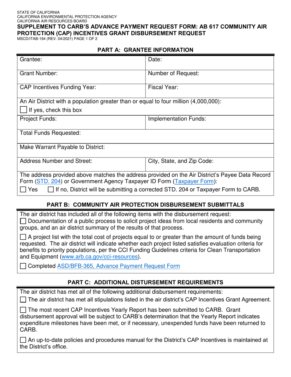 Form MSCD / ITAB-194 Supplement to Carbs Advance Payment Request Form: AB 617 Community Air Protection (CAP) Incentives Grant Disbursement Request - California, Page 1