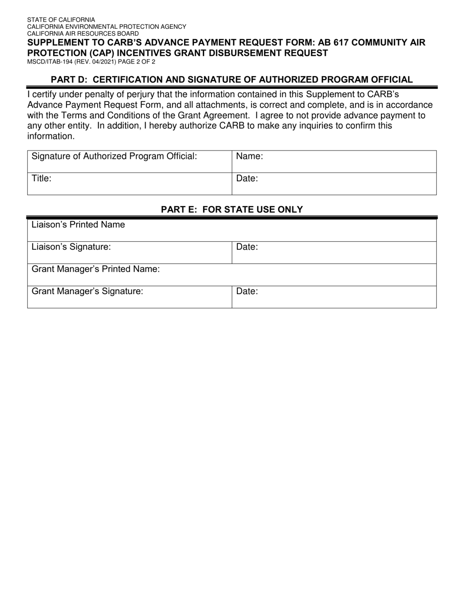 Form MSCD / ITAB-194 Supplement to Carbs Advance Payment Request Form: AB 617 Community Air Protection (CAP) Incentives Grant Disbursement Request - California, Page 2