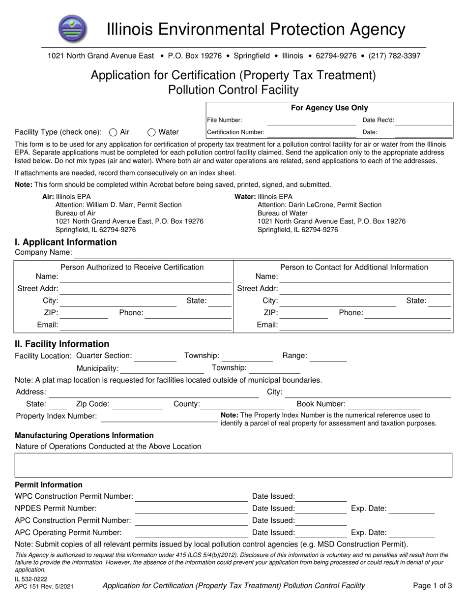 Form APC151 (IL532-0222) Application for Certification (Property Tax Treatment) Pollution Control Facility - Illinois, Page 1