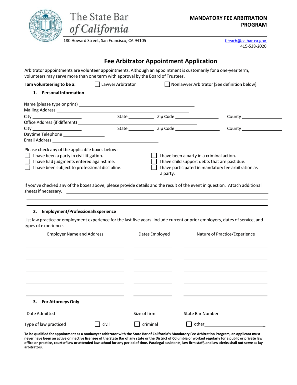 Fee Arbitrator Appointment Application - California, Page 1