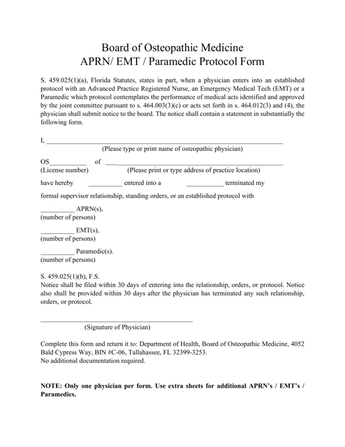 Aprn / Emt / Paramedic Protocol Form - Florida Download Pdf