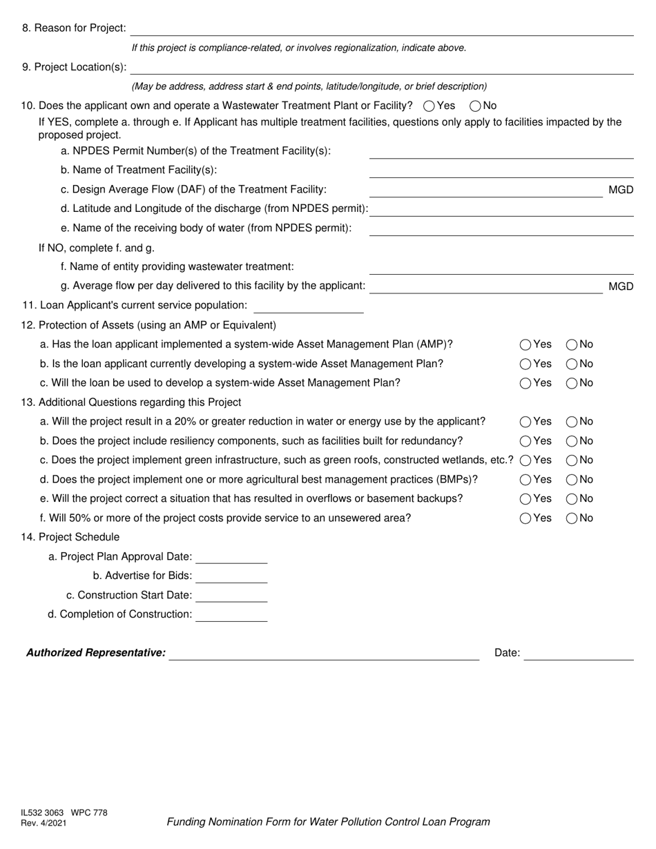Form IL532 3063 (WPC778) Funding Nomination Form for Water Pollution Control Loan Program - Illinois, Page 4