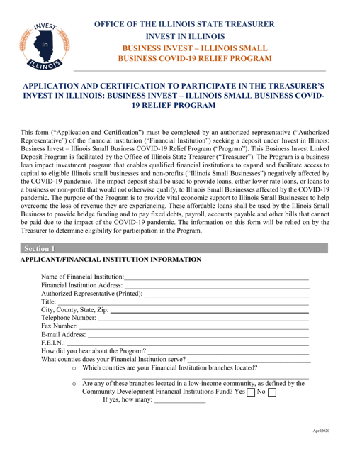 Application and Certification to Participate in the Treasurer's Invest in Illinois: Business Invest - Illinois Small Business Covid19 Relief Program - Illinois Download Pdf