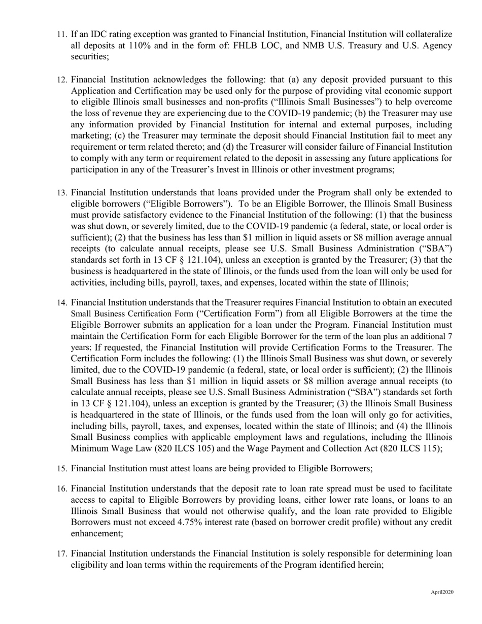 Application and Certification to Participate in the Treasurers Invest in Illinois: Business Invest - Illinois Small Business Covid19 Relief Program - Illinois, Page 3