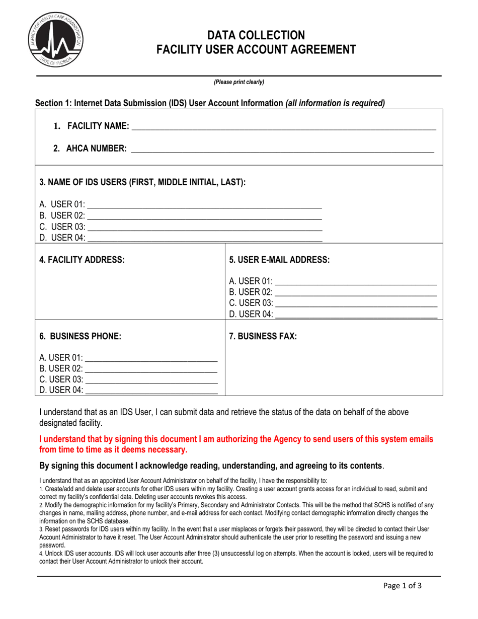 Facility User Account Agreement - Florida, Page 1