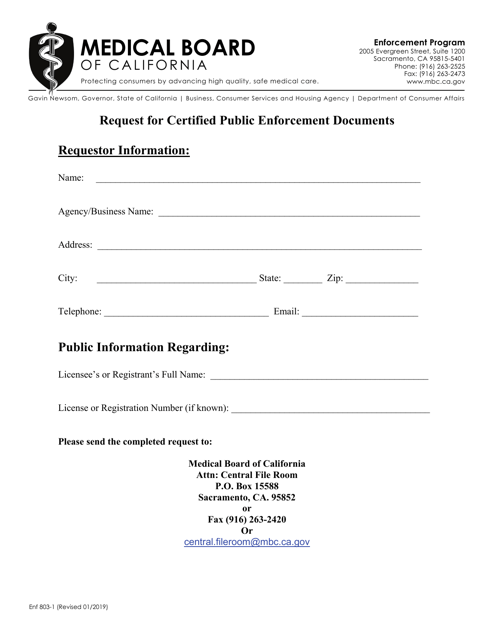 Form ENF803-1 Request for Certified Public Enforcement Documents - California