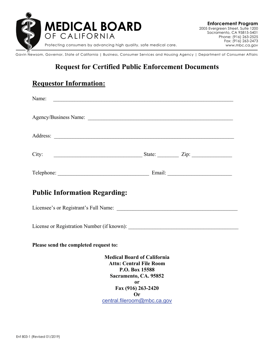 Form ENF803-1 Request for Certified Public Enforcement Documents - California, Page 1