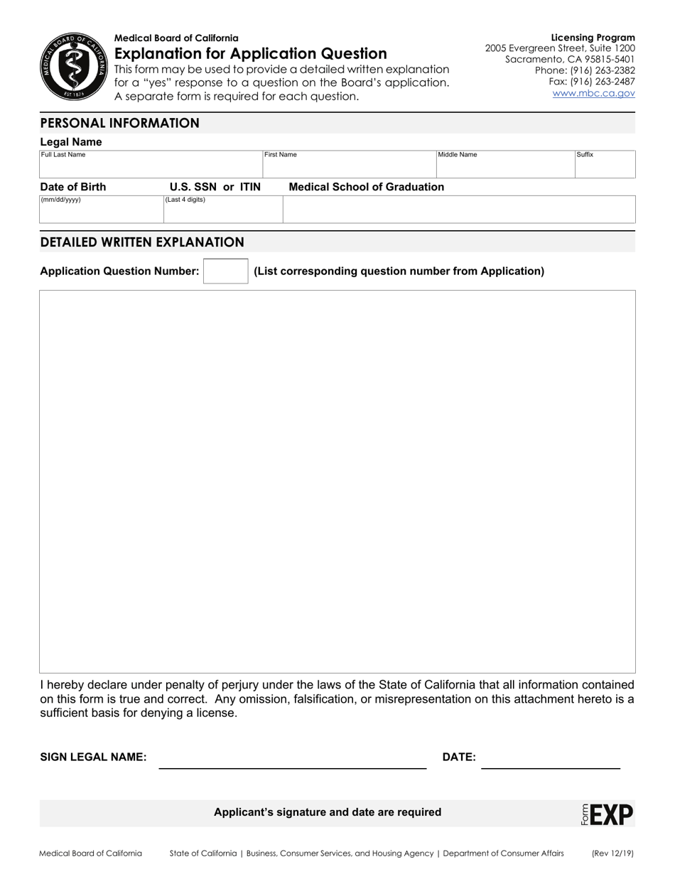 Form EXP Explanation for Application Question - California, Page 1