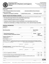 Form L1 &quot;Application for a Physician's and Surgeon's License&quot; - California