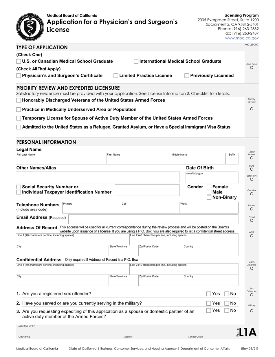 Form L1 Download Fillable Pdf Or Fill Online Application For A Physician S And Surgeon S License California Templateroller