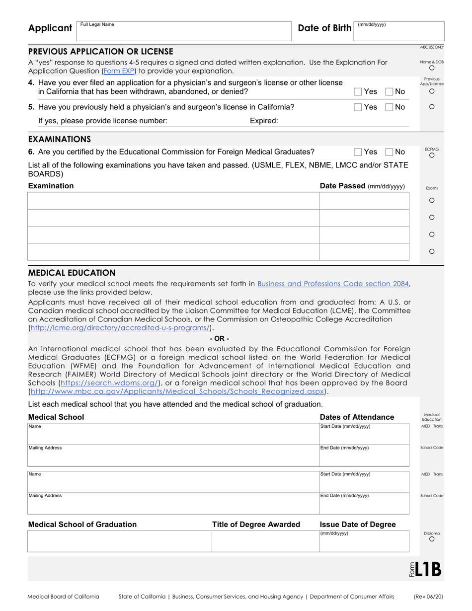 Form L1 Application for a Physicians and Surgeons License - California, Page 2