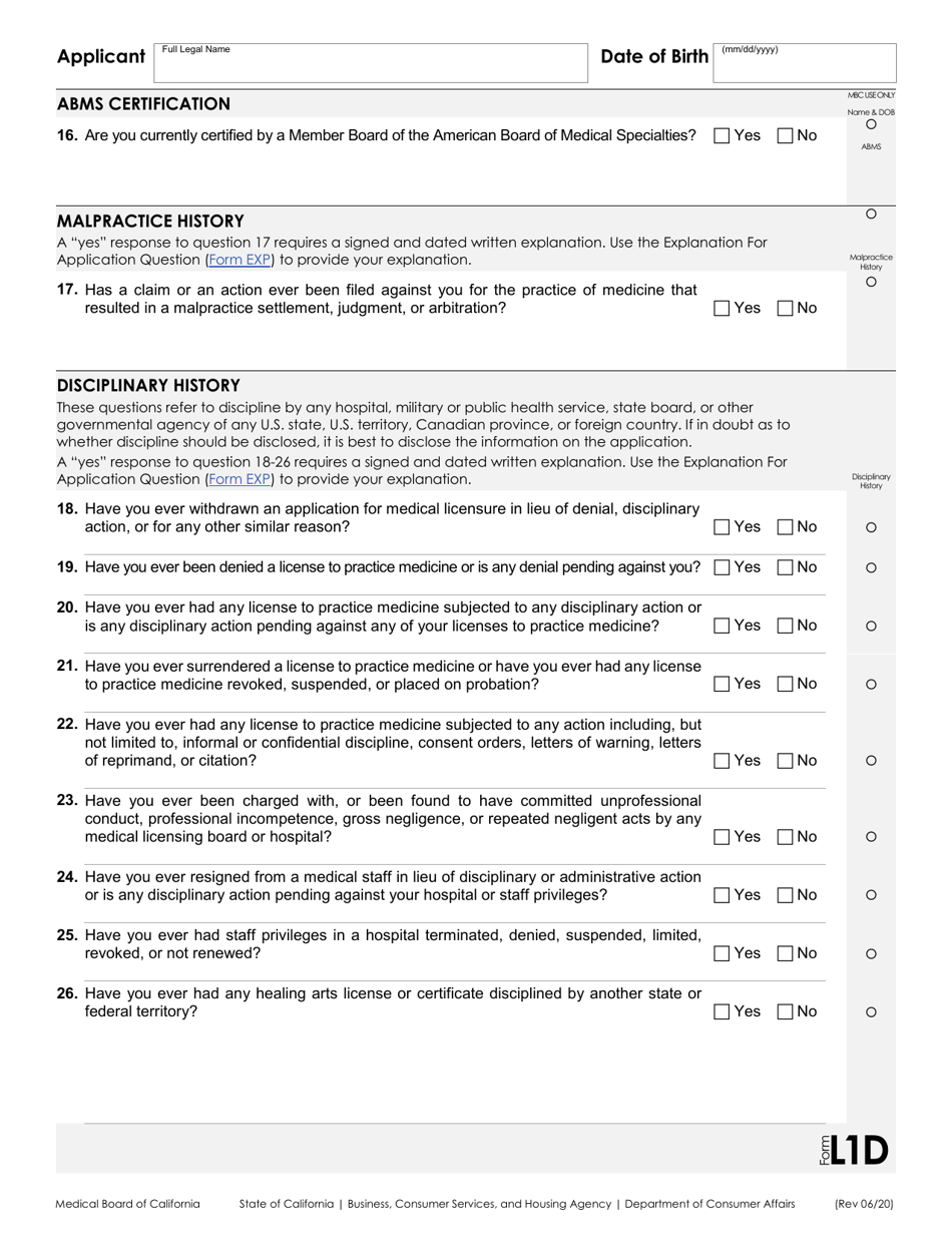 Form L1 Application for a Physicians and Surgeons License - California, Page 4
