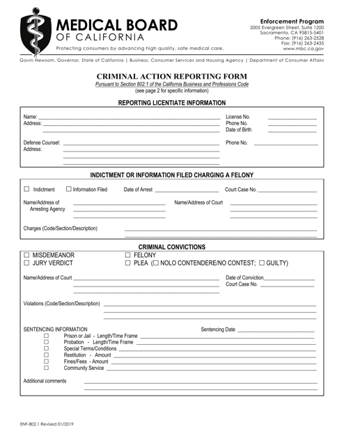 Form ENF-802.1 Criminal Action Reporting Form - California