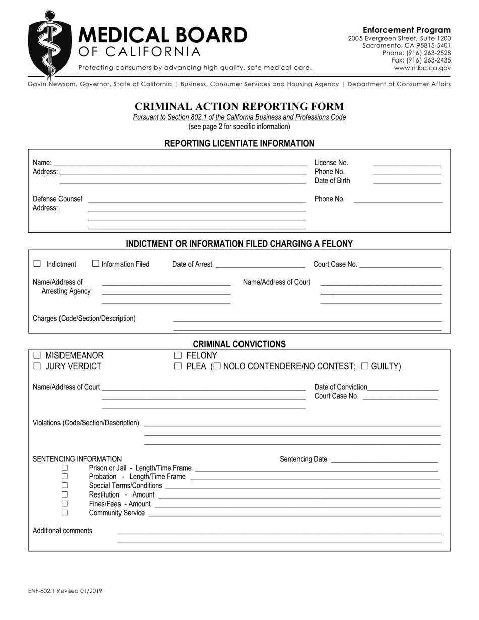 Form ENF-802.1 Criminal Action Reporting Form - California, Page 1