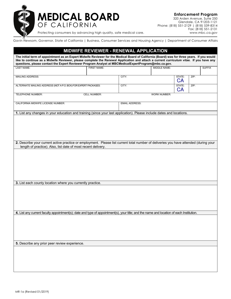 Form MR-1A Midwife Reviewer - Renewal Application - California, Page 1