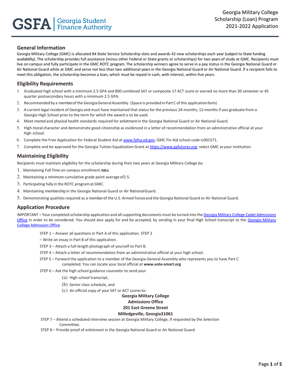 Georgia Military College Scholarship (Loan) Program Application - Georgia (United States), Page 1