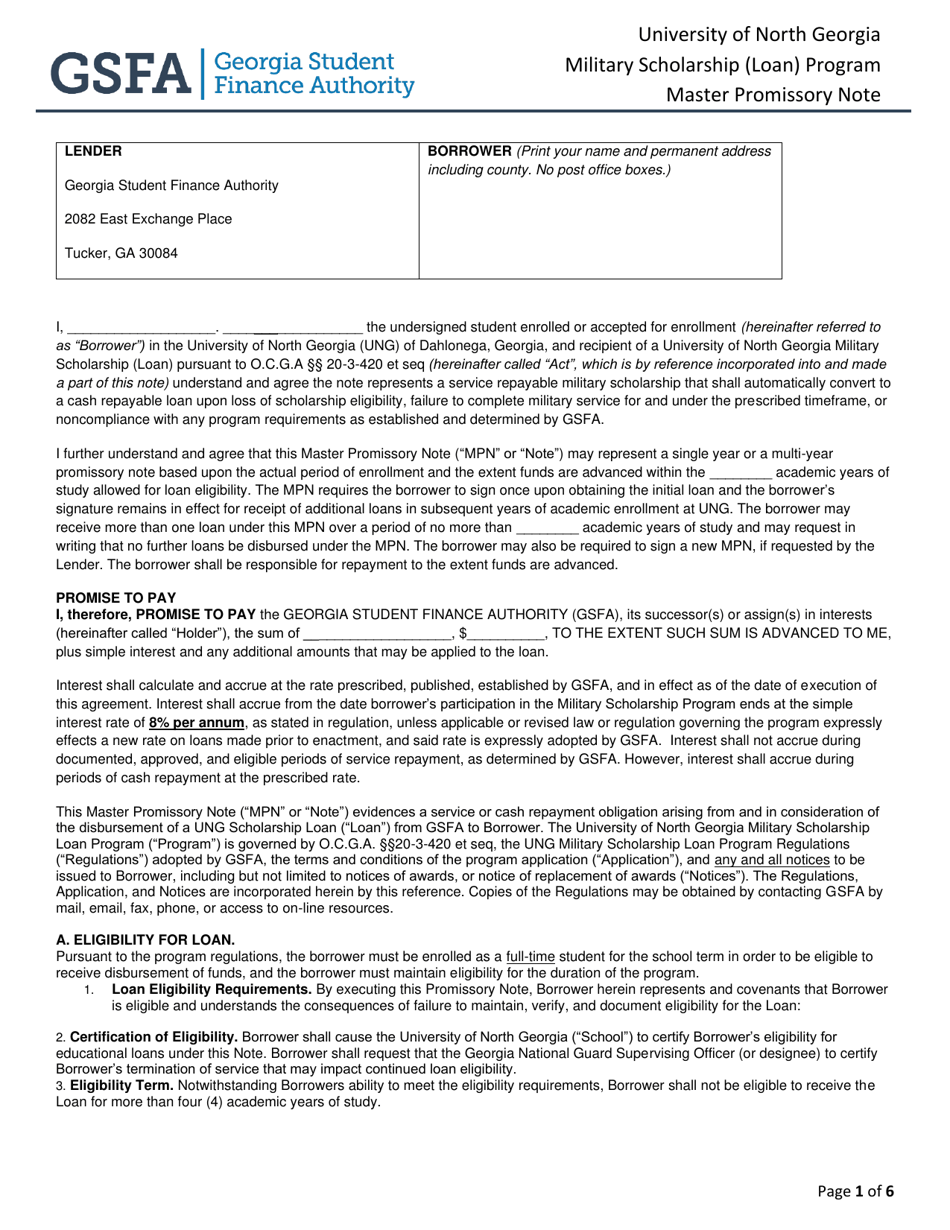 University of North Georgia Military Scholarship (Loan) Program Master Promissory Note - Georgia (United States), Page 1