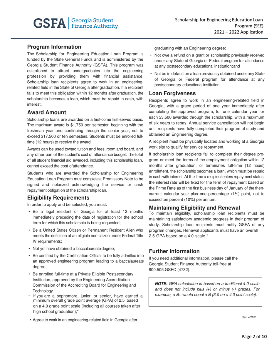 Scholarship for Engineering Education Loan Program (See) Application - Georgia (United States), Page 2