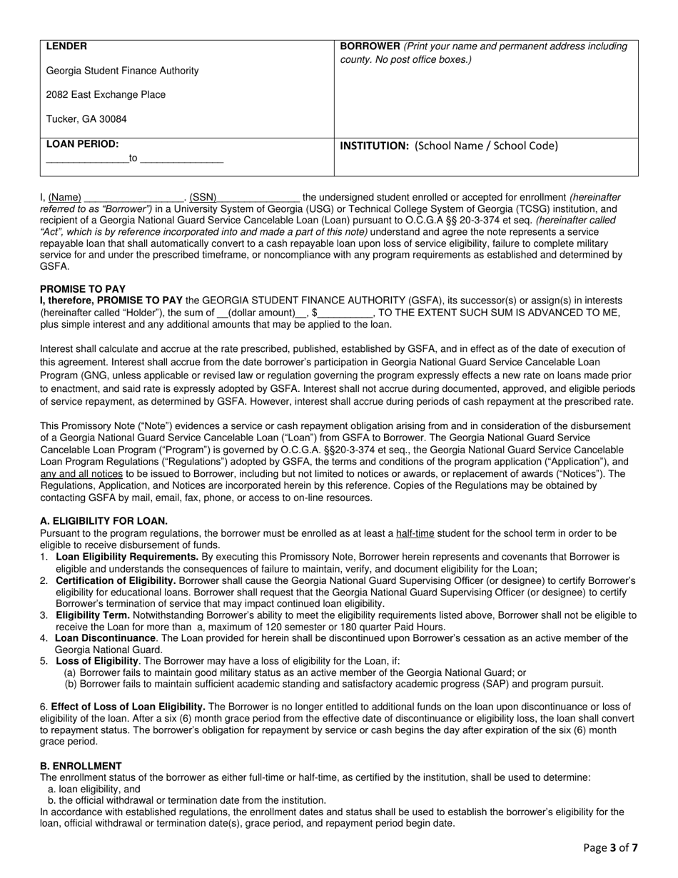 Georgia National Guard Service Cancelable Loan Application and Promissory Note - Georgia (United States), Page 3