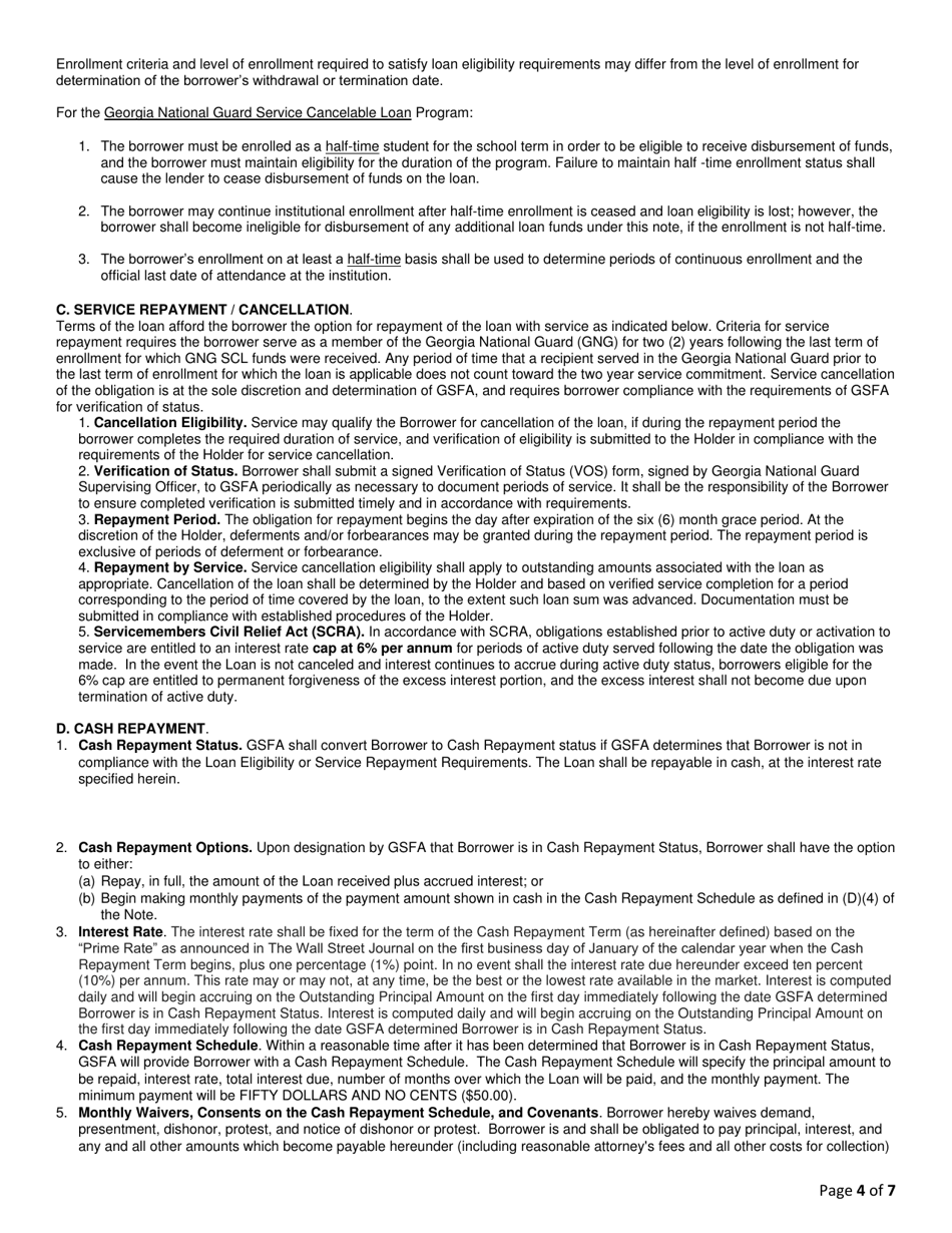 Georgia National Guard Service Cancelable Loan Application and Promissory Note - Georgia (United States), Page 4