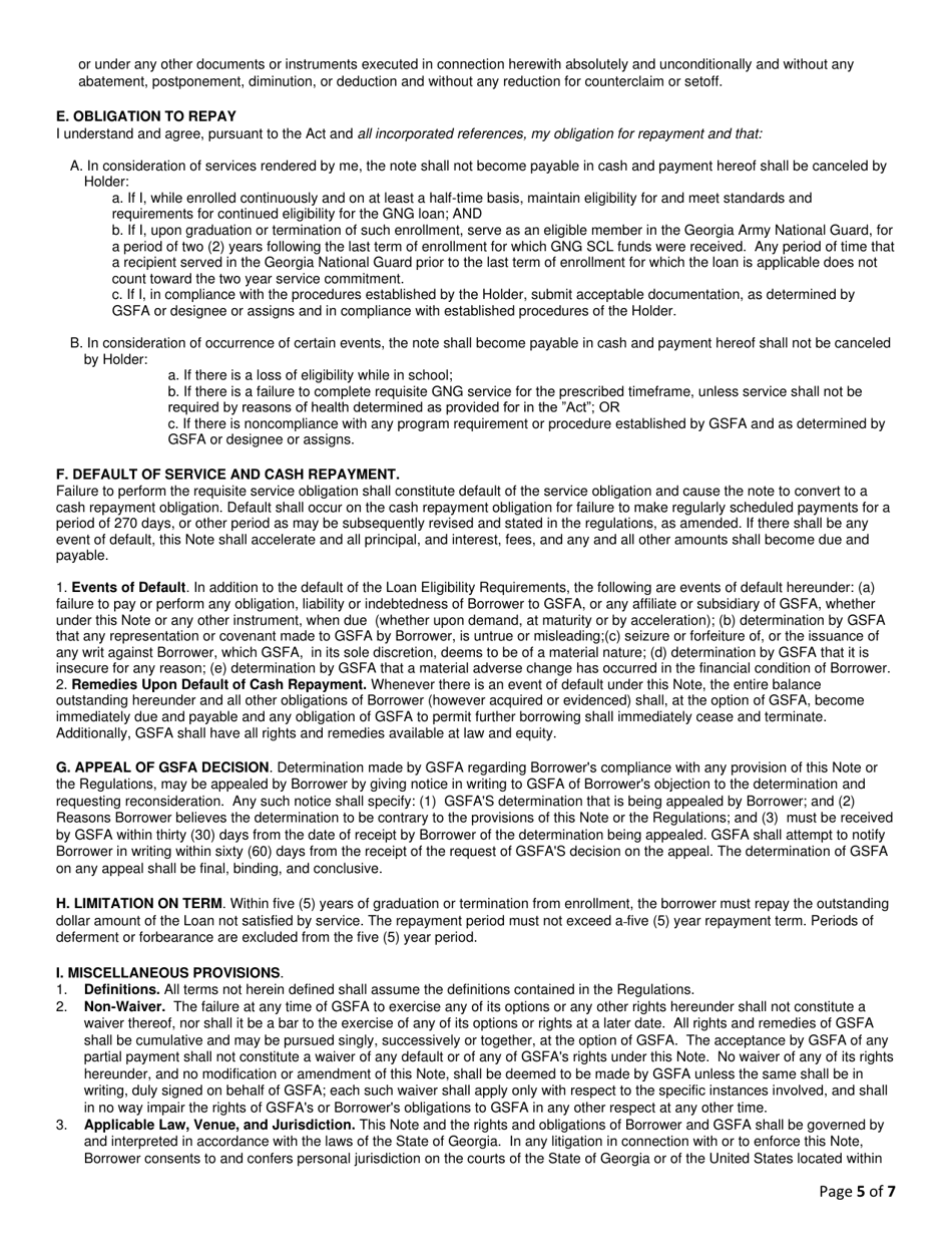 Georgia National Guard Service Cancelable Loan Application and Promissory Note - Georgia (United States), Page 5