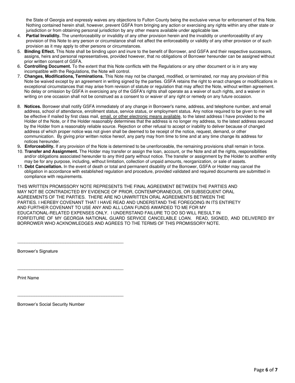 Georgia National Guard Service Cancelable Loan Application and Promissory Note - Georgia (United States), Page 6