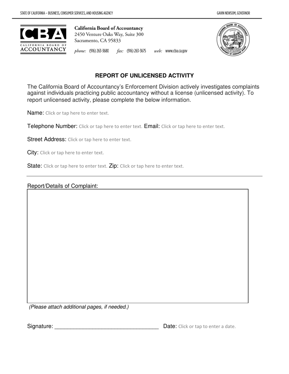 California Report of Unlicensed Activity Fill Out, Sign Online and